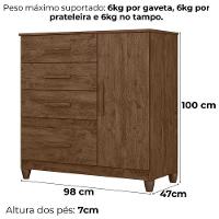 Comoda Venus 4 Gavetas 1 Porta Com Pes 98 Cm Castanho Wood Flex Moval - 3