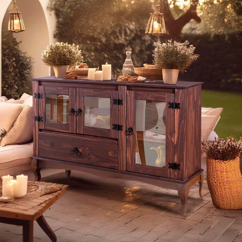 Aparador 3 Portas Vidro Madeira Maciça Rústico Imbuia D125 Shop Jm Imbuia - 1