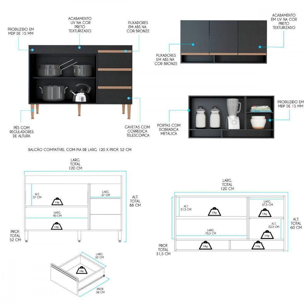 Armário De Cozinha Modulada Torre Quente Sabrina Menu Móveis Preto - 4