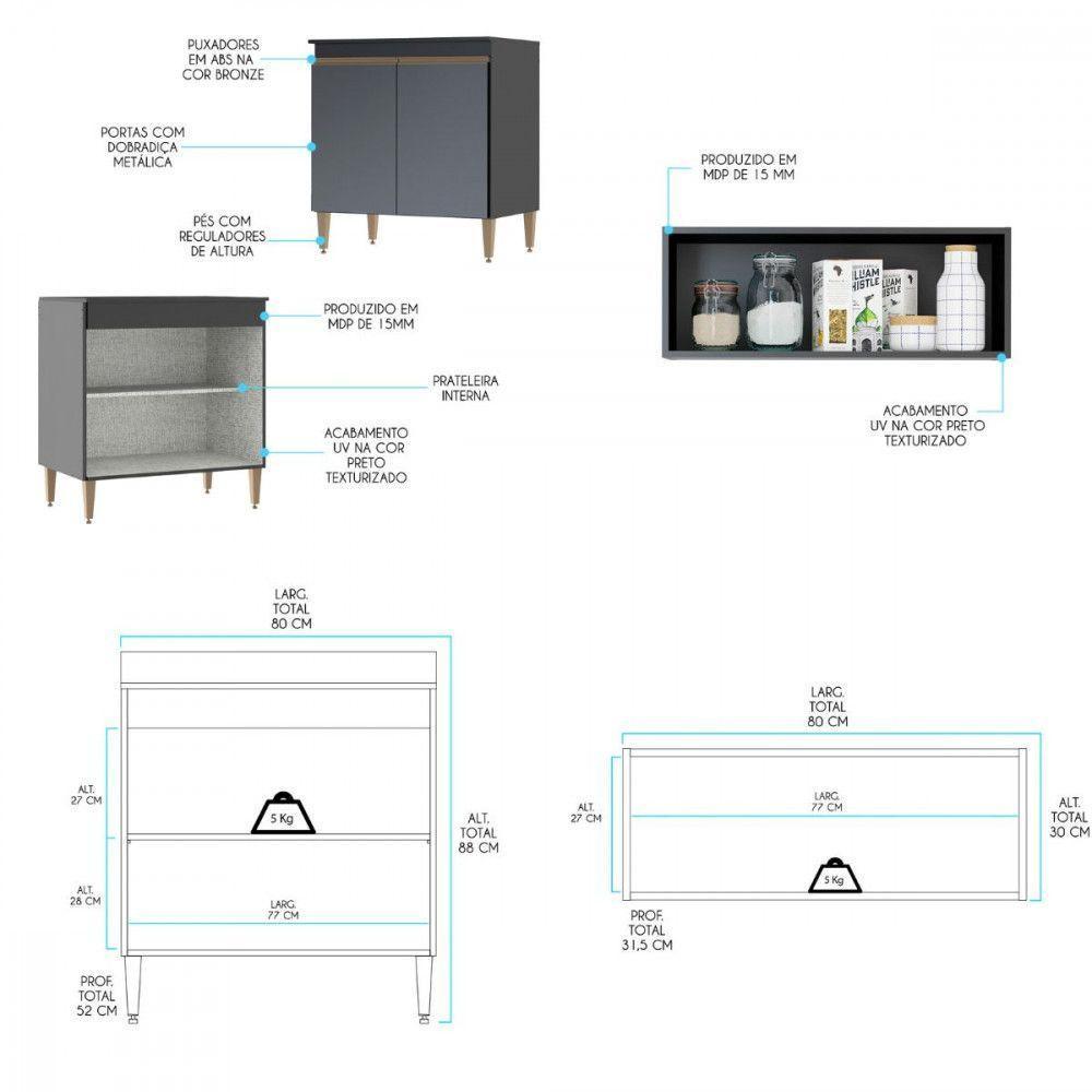 Armário De Cozinha Modulada Torre Quente Sabrina Menu Móveis Preto - 6