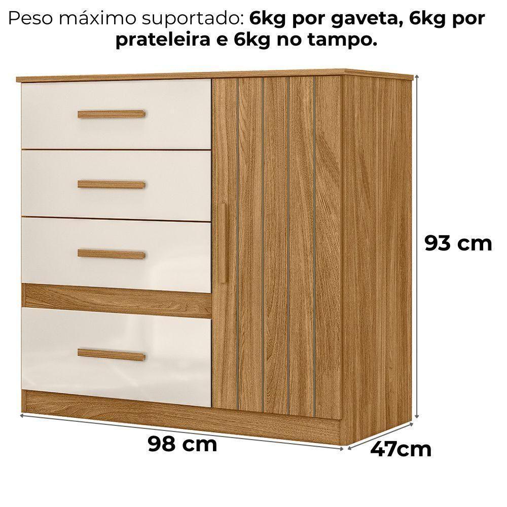 Comoda Venus 4 Gavetas 1 Porta 98 Cm Freijo Off White Friso Moval - 3