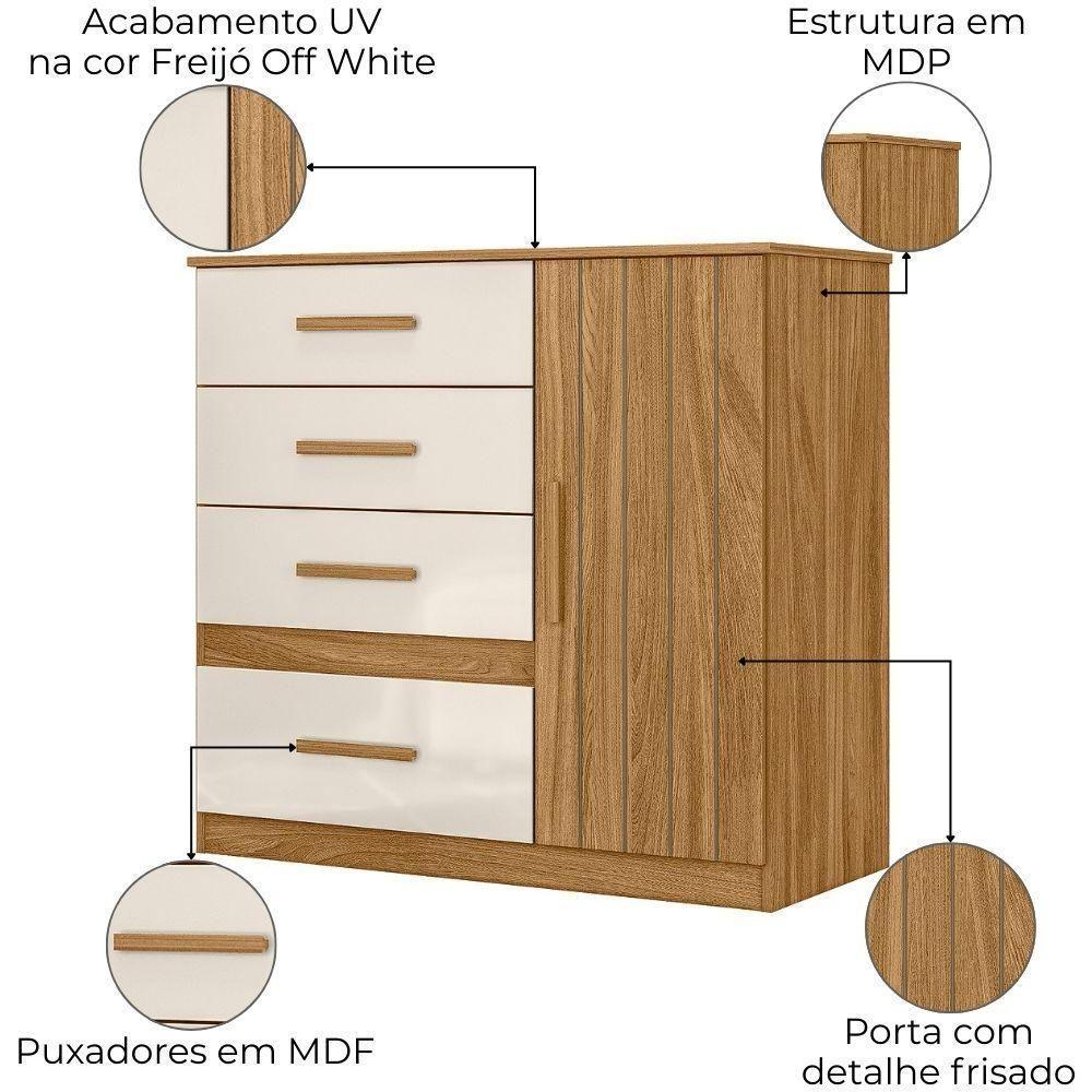 Comoda Venus 4 Gavetas 1 Porta 98 Cm Freijo Off White Friso Moval - 4