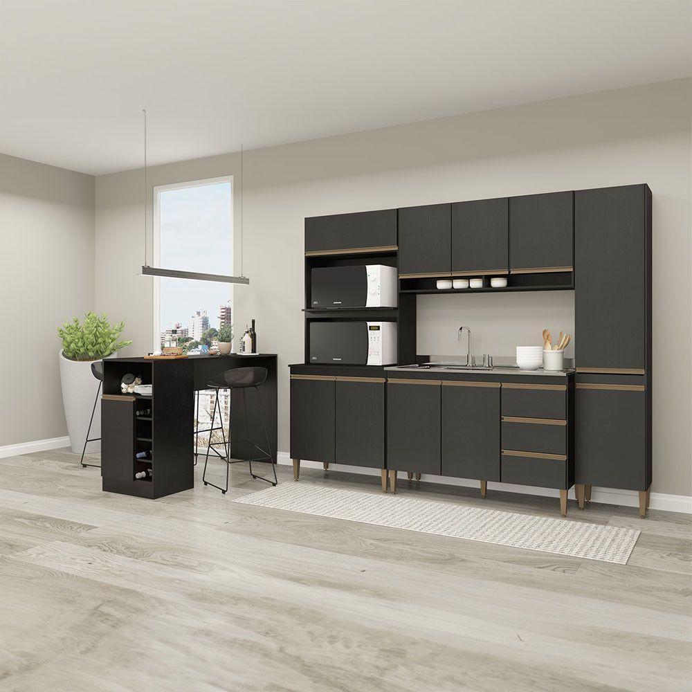 Armário De Cozinha Modulada Com Bancada Ilha 5pç Menu Móveis Preto - 1