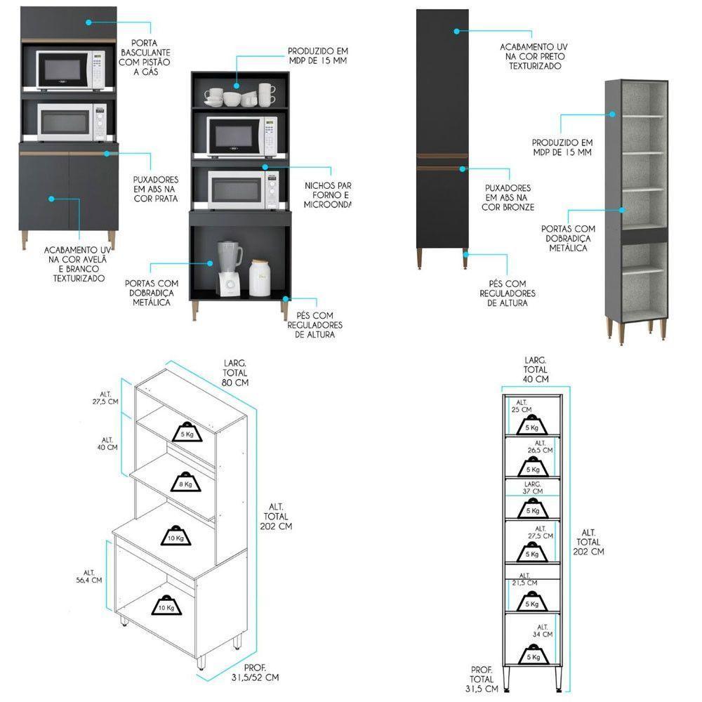 Armário De Cozinha Modulada Com Bancada Ilha 5pç Menu Móveis Preto - 6