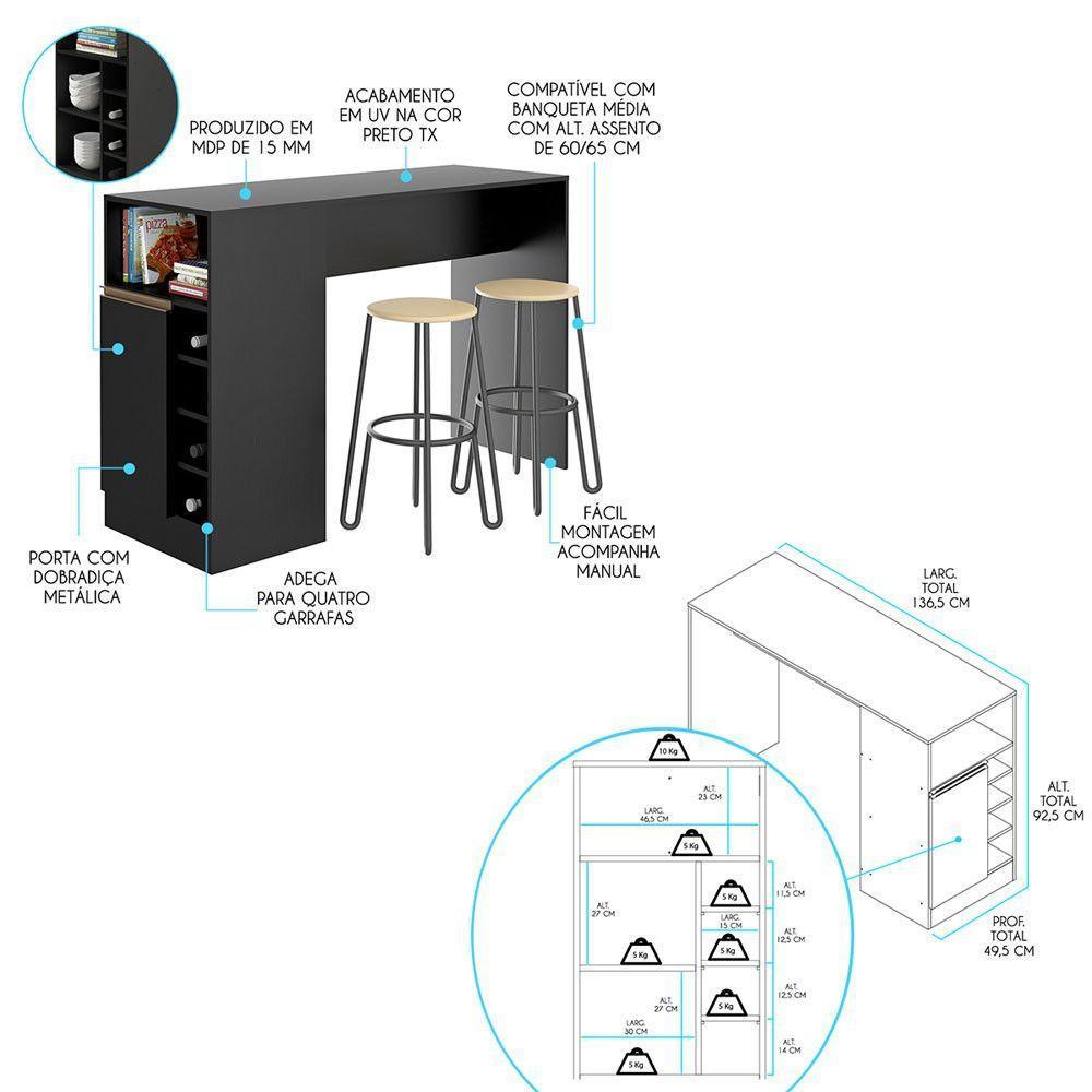 Armário De Cozinha Modulada Com Bancada Ilha 5pç Menu Móveis Preto - 7
