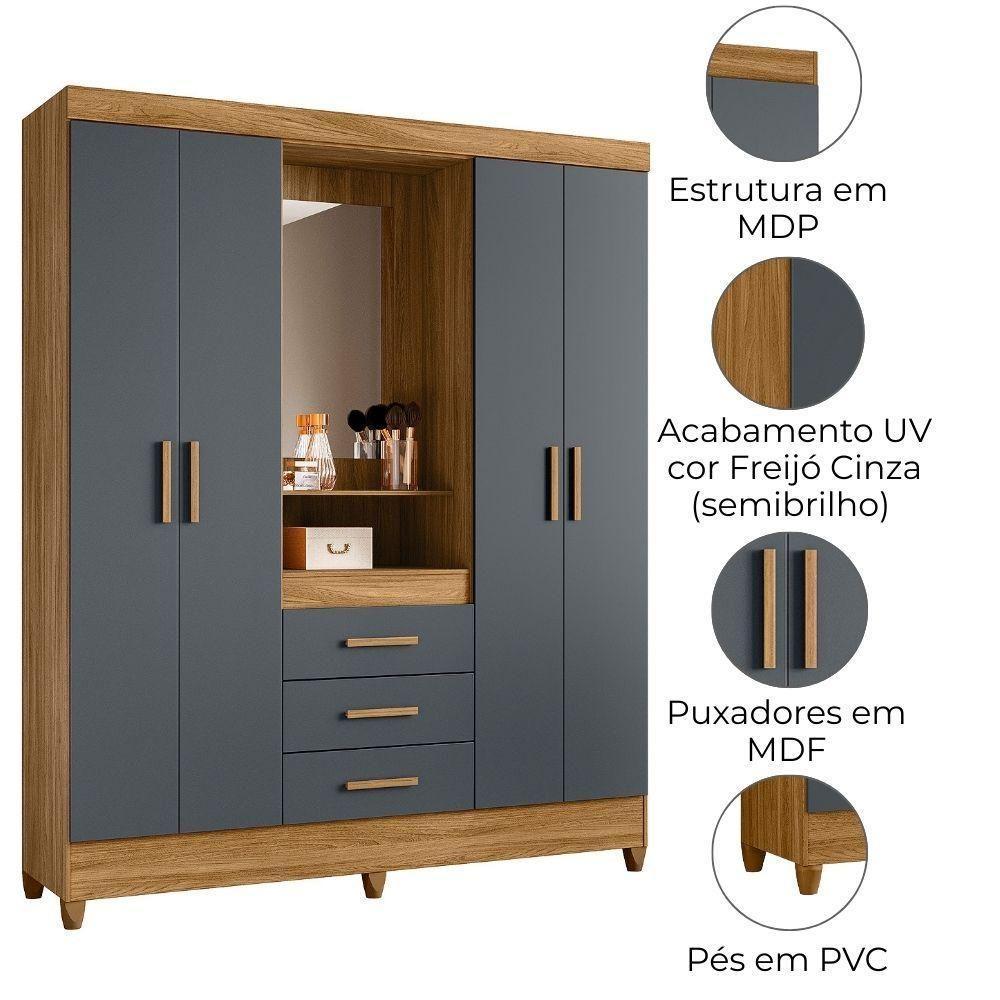 Guarda Roupa Casal Capela 4p 165 Cm Capri Freijo Cinza Moval - 4