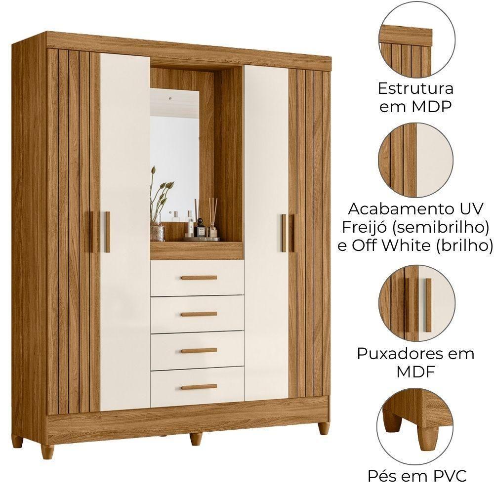 Guarda Roupa Casal Capela 4p 165 Cm Atenas Freijo Off White Moval - 4