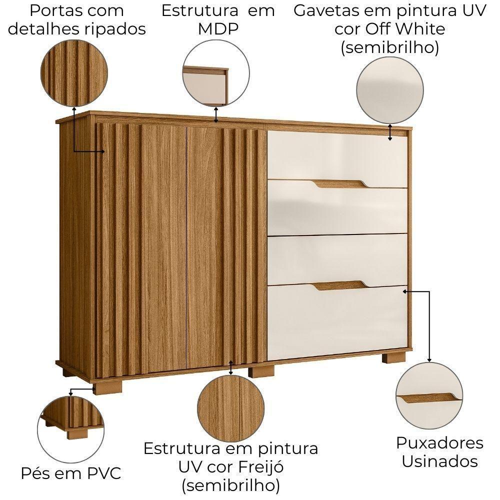 Comoda Texas 4 Gavetas 2 Portas 147 Cm Freijo Off White Moval - 4