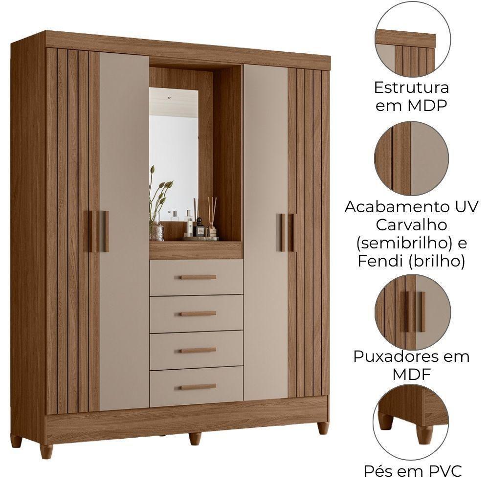 Guarda Roupa Casal Capela 4p 165 Cm Atenas Carvalho Fendi Moval - 4