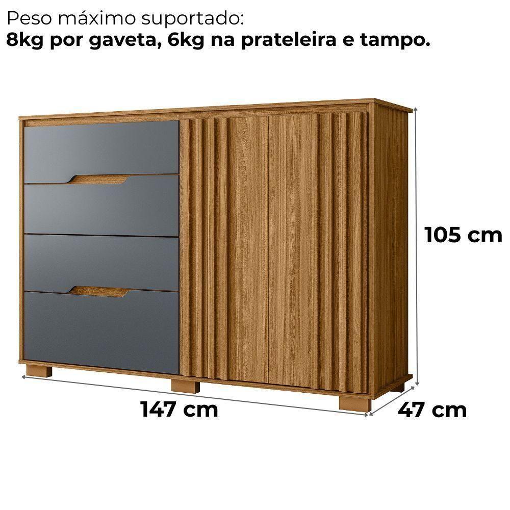 Comoda Texas 4 Gavetas 2 Portas 147 Cm Freijo Cinza Moval - 3