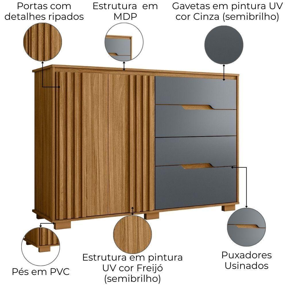 Comoda Texas 4 Gavetas 2 Portas 147 Cm Freijo Cinza Moval - 4