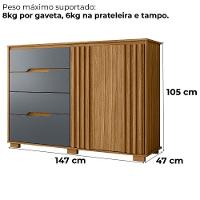 Comoda Texas 4 Gavetas 2 Portas 147 Cm Freijo Cinza Moval - 3