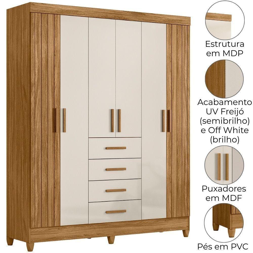 Guarda Roupa Casal 6p 165 Cm Aruba Freijo Off White Friso Moval - 4