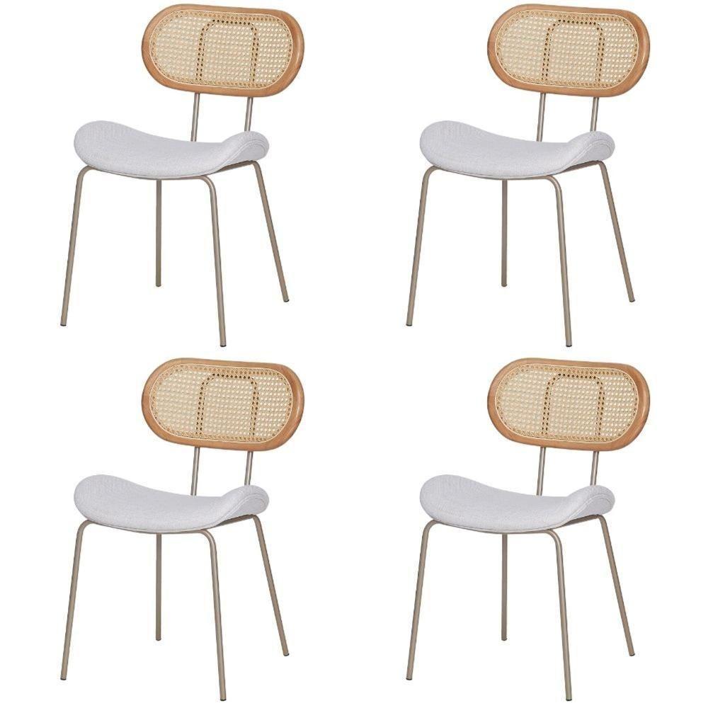 Kit 4 Cadeiras Toscana Fratini Est. Aço Champagne Encosto Madeira Tela Rattan Assento Tecido Cinza - 1