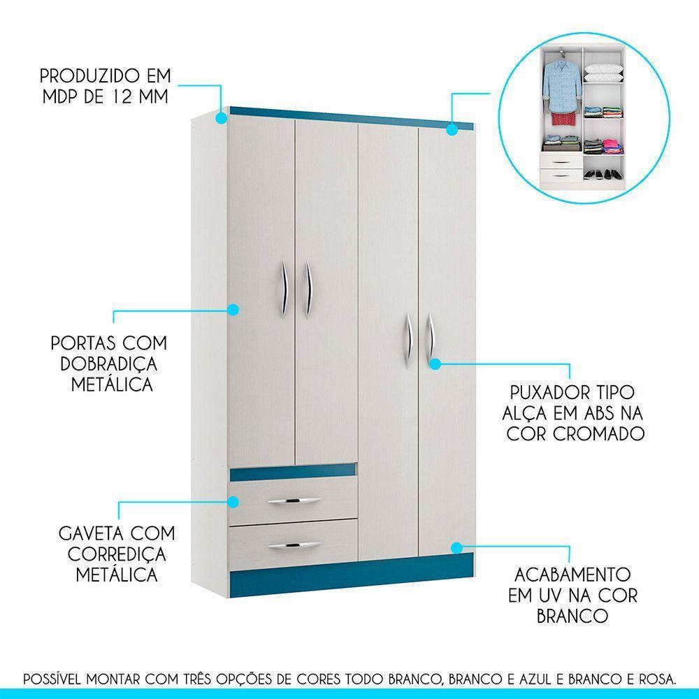 Guarda-roupa Infantil 4 Portas 2 Gavetas Mdp Menu Móveis Branco - 2
