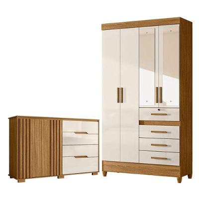 Guarda Roupa Solteiro Sobral 4 Portas 4 Gavetas Freijó Off White Brilho com Cômoda