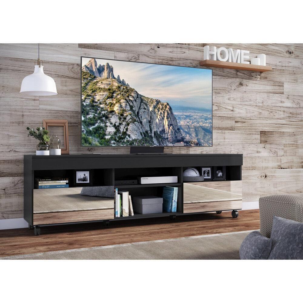 Rack Tv 65" Com Rodízios E Espelho 2 Portas Paris Multimóveis V3330 Preto Preto - 2