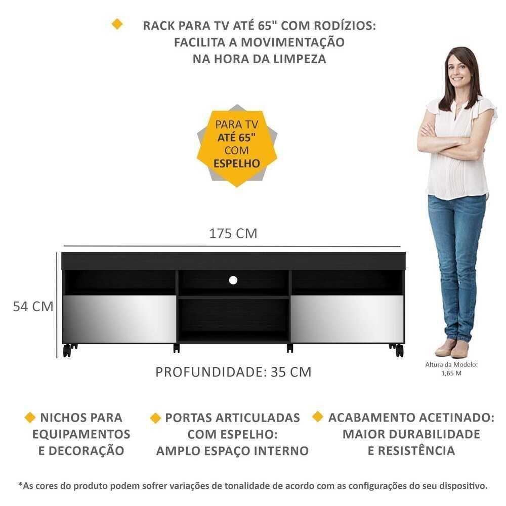 Rack Tv 65" Com Rodízios E Espelho 2 Portas Paris Multimóveis V3330 Preto Preto - 6