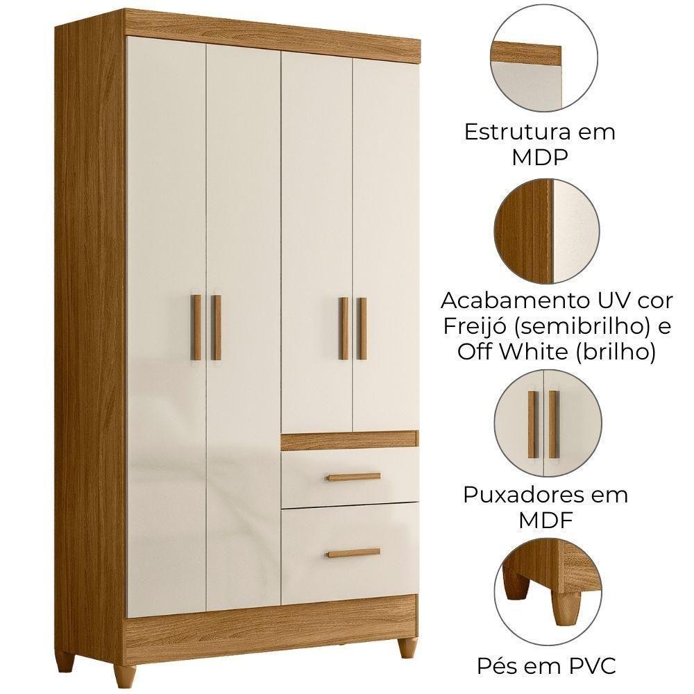 Guarda Roupa Solteiro Madri 4p 110 Cm Freijo Off White Moval - 4
