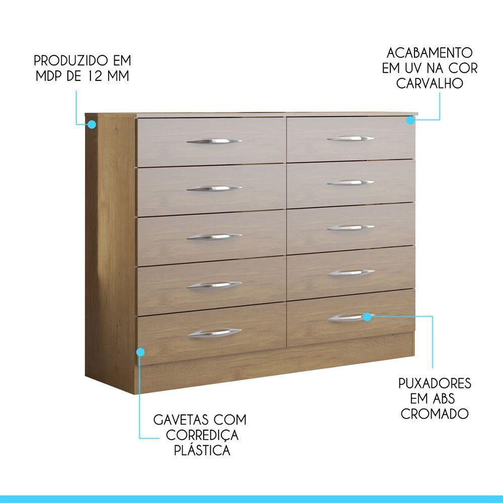 Cômoda Para Quarto 117x92cm 10 Gavetas Mdp 3017 Menu Móveis Carvalho - 3