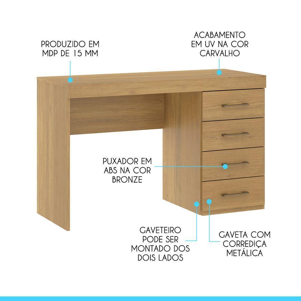 Mesa Escritório 0711 Com 4 Gavetas 120x75cm Mdp Menu Móveis Carvalho - 3