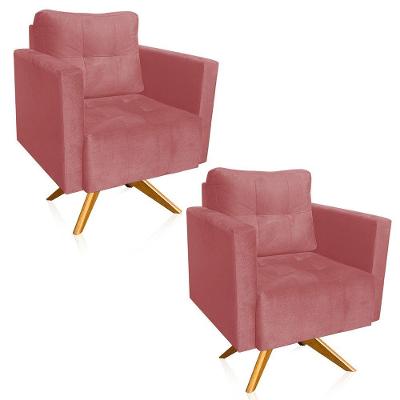 Kit 2 Poltronas Giratória Livia Suede Base De Madeira Ma30 D01 - DRossi Rose