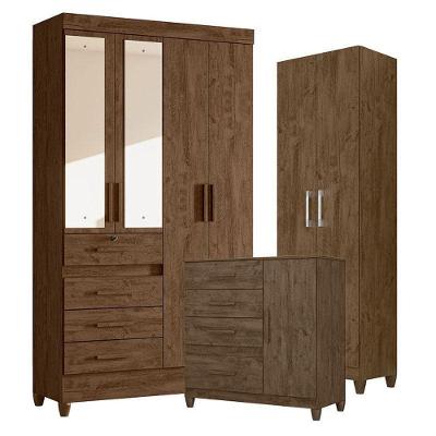 Guarda Roupa Com Espelho Solteiro Sobral Com Cômoda Vênus Com Pés E Armário Multiuso New íris Castanho Wood – Moval