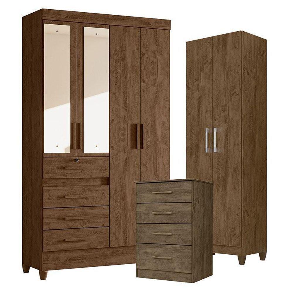 Guarda Roupa Com Espelho Solteiro Sobral Com Cômoda Ms913 E Armário Multiuso New íris Castanho Wood – Moval - 1