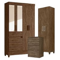 Guarda Roupa Com Espelho Solteiro Sobral Com Cômoda Ms913 E Armário Multiuso New íris Castanho Wood – Moval - 1