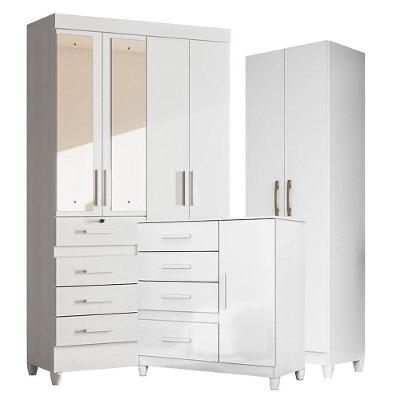 Guarda Roupa Com Espelho Infantil Sobral Com Cômoda Vênus Com Pés E Armário Multiuso New íris Branco Brilho – Moval