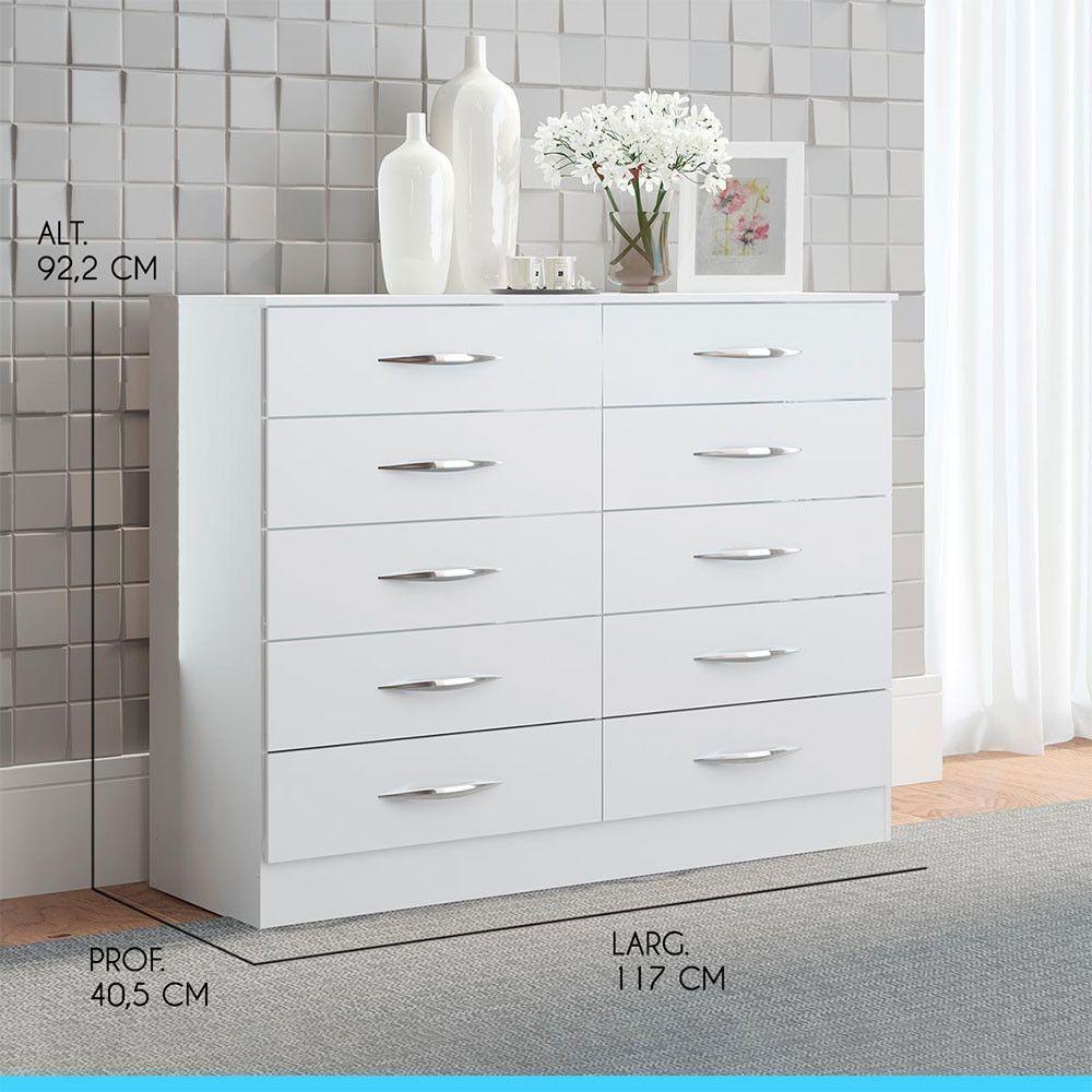 Cômoda Com 10 Gavetas Quarto Casal 117cm Mdp Menu Móveis Branco - 3