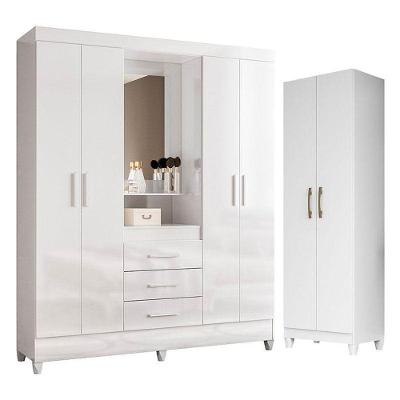 Guarda Roupa Casal Capelinha Capri E Armário Multiuso New íris Branco Brilho - Moval