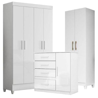 Guarda Roupa Infantil Madri Com Cômoda Vênus E Armário Multiuso New íris Branco Brilho – Moval