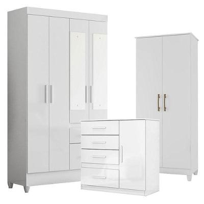 Guarda Roupa Madri com Espelho Cômoda Vênus e Armário Multiuso Jade 4 Portas 2 Gavetas MDP Branco