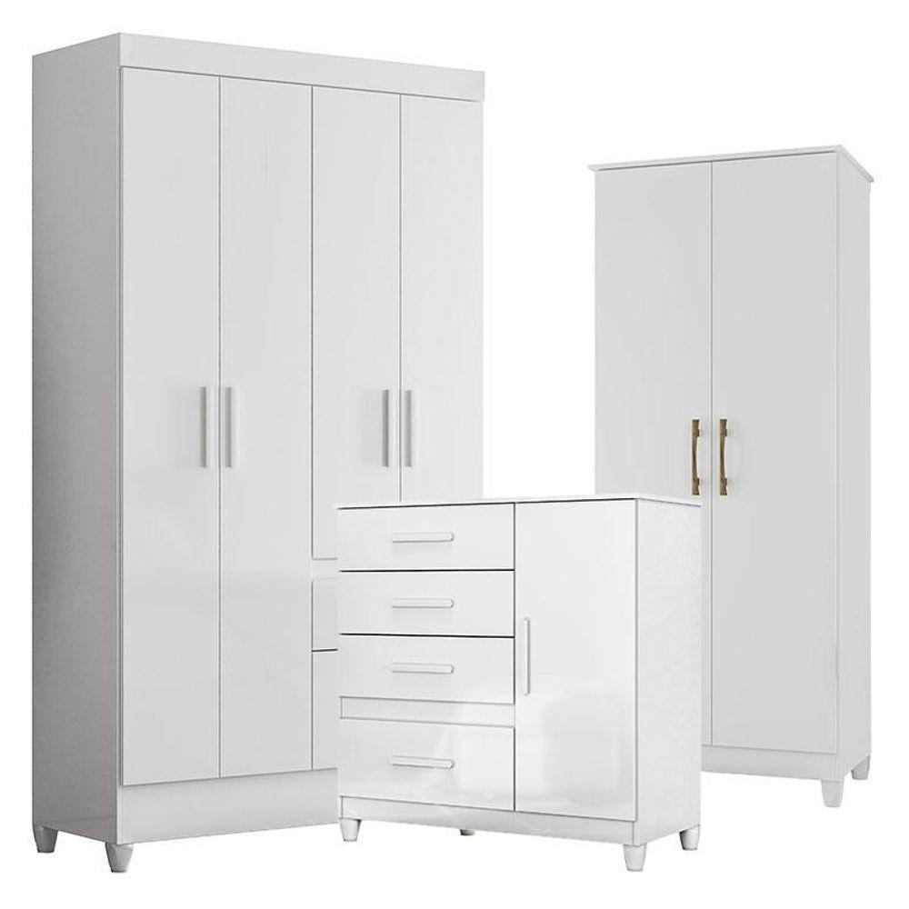 Guarda Roupa Infantil Madri Com Cômoda Vênus Com Pés E Armário Multiuso Jade Branco Brilho – Moval - 1
