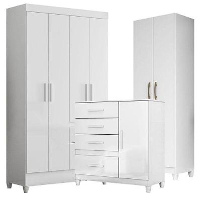 Guarda Roupa Infantil Madri Com Cômoda Vênus Com Pés E Armário Multiuso New íris Branco Brilho – Moval