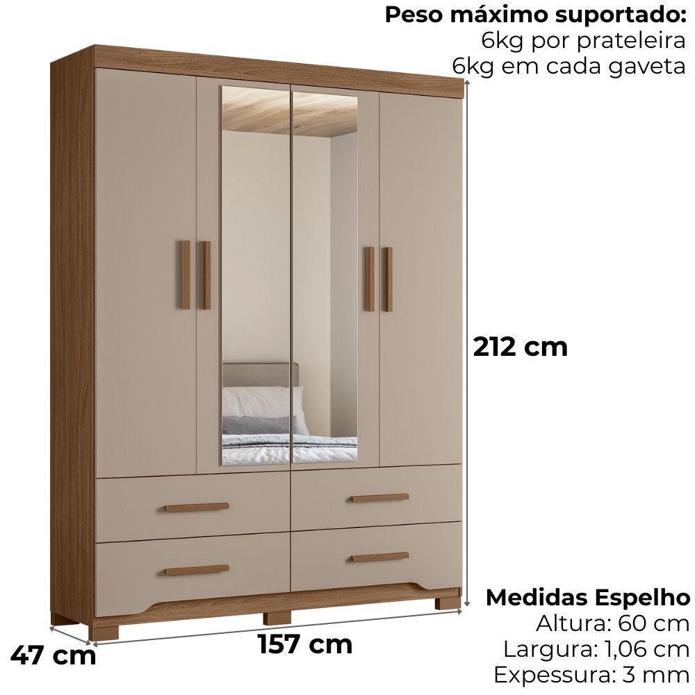 Guarda Roupa Casal 4p Espelho 157 Cm Miami Carvalho Fendi Moval - 3