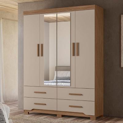 Guarda Roupa Casal Miami 4 Portas Bater Carvalho Fendi MDP MDF com Espelho