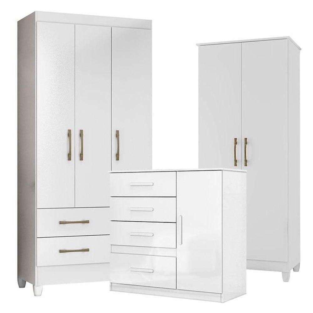 Guarda Roupa Infantil Lima Com Cômoda Vênus E Armário Multiuso Jade Branco Brilho – Moval - 1