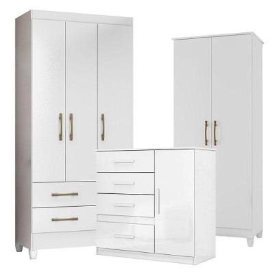 Guarda Roupa Infantil Lima Com Cômoda Vênus E Armário Multiuso Jade Branco Brilho – Moval