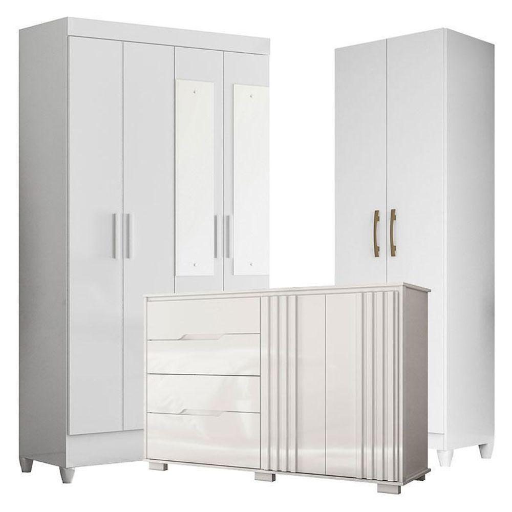 Guarda Roupa Com Espelho Infantil Madri Com Cômoda Texas E Armário Multiuso New íris Branco Brilho – Moval - 1