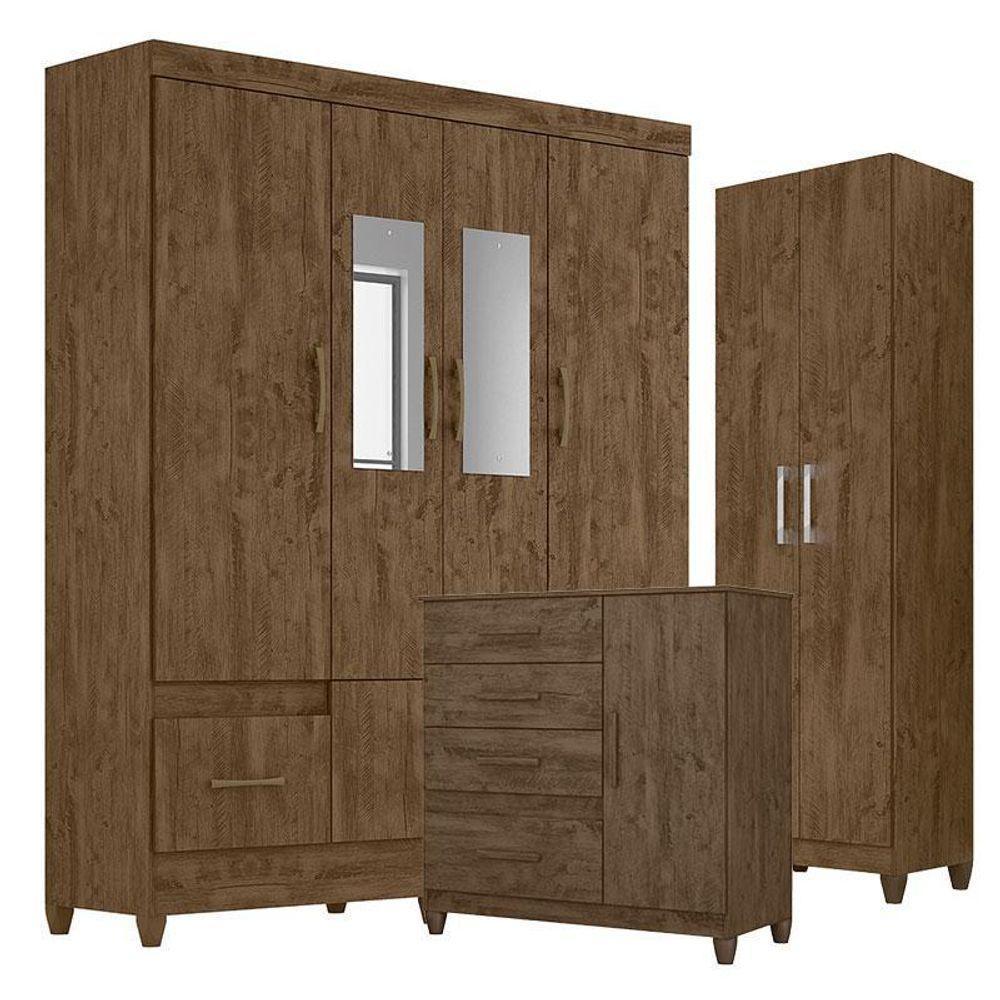 Guarda Roupa Com Espelho Casal Ms912 Com Cômoda Vênus Com Pés E Armário Multiuso New íris Castanho Wood – Moval - 1