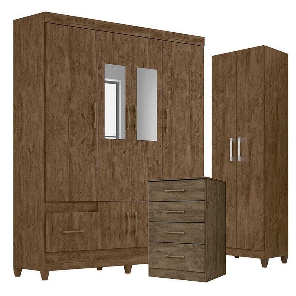 Guarda Roupa Com Espelho Casal Ms912 Com Cômoda Ms913 E Armário Multiuso New íris Castanho Wood – Moval - 1