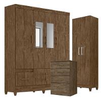 Guarda Roupa Com Espelho Casal Ms912 Com Cômoda Ms913 E Armário Multiuso New íris Castanho Wood – Moval - 1