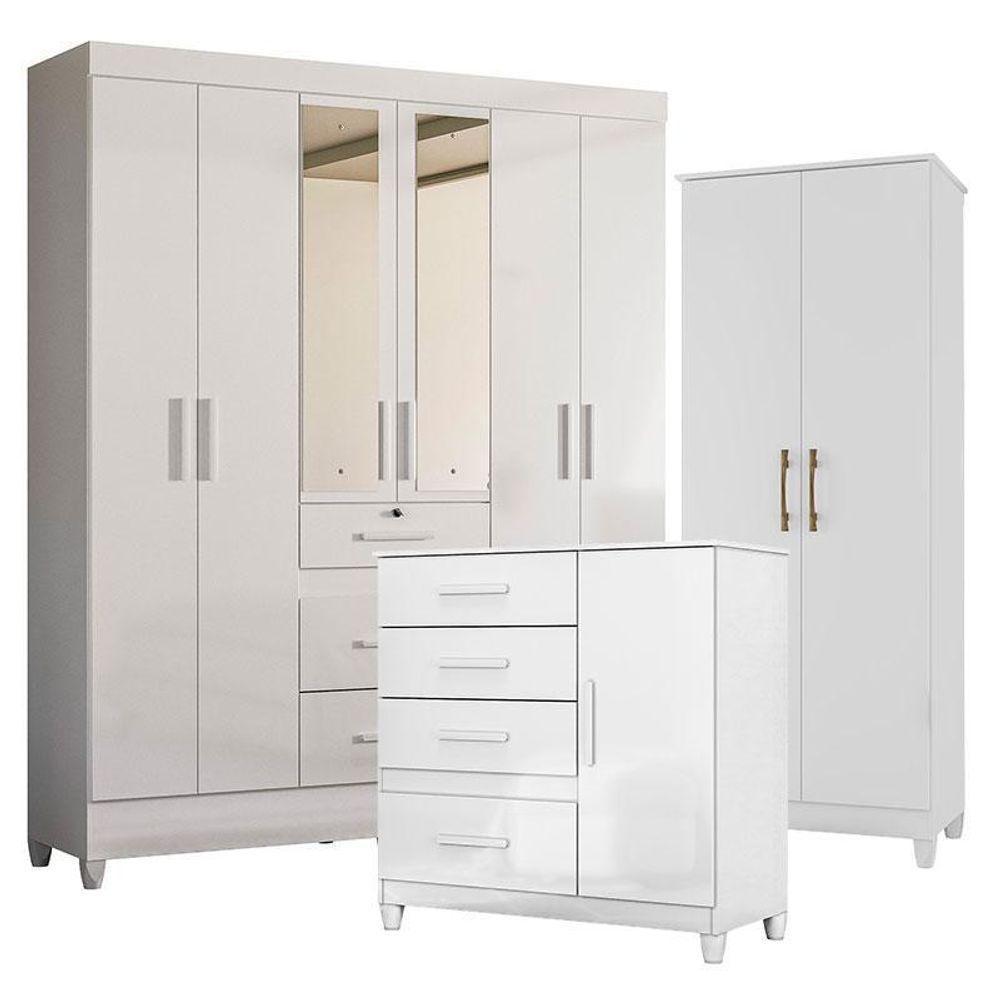 Guarda Roupa Com Espelho Casal Itatiba Com Cômoda Vênus Com Pés E Multiuso Jade Branco Brilho – Moval - 1