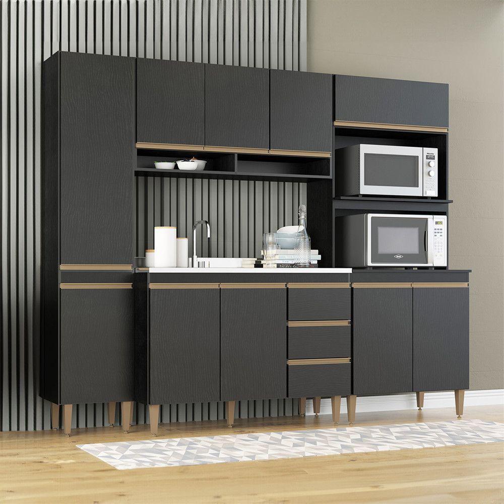 Cozinha Modulada Sabrina Balcão Pia Torre Quente Menu Móveis Preto - 1