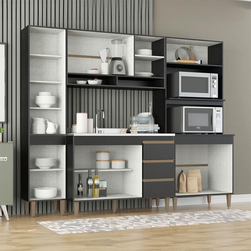 Cozinha Modulada Sabrina Balcão Pia Torre Quente Menu Móveis Preto - 4