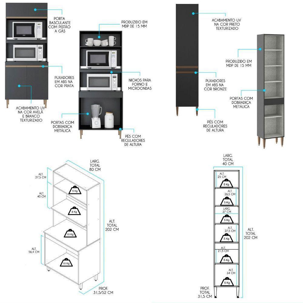 Cozinha Modulada Sabrina Balcão Pia Torre Quente Menu Móveis Preto - 6