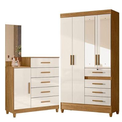 Guarda Roupa Solteiro Sobral 4 Portas 4 Gavetas MDP com Espelho e Cômoda Freijó Off White Brilho