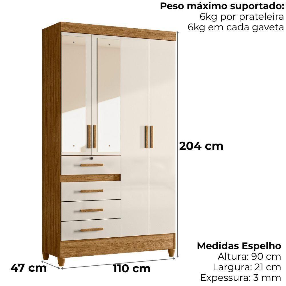 Guarda Roupa Solteiro Sobral 4p Espelho 110 Cm Freijo Off White Moval - 3